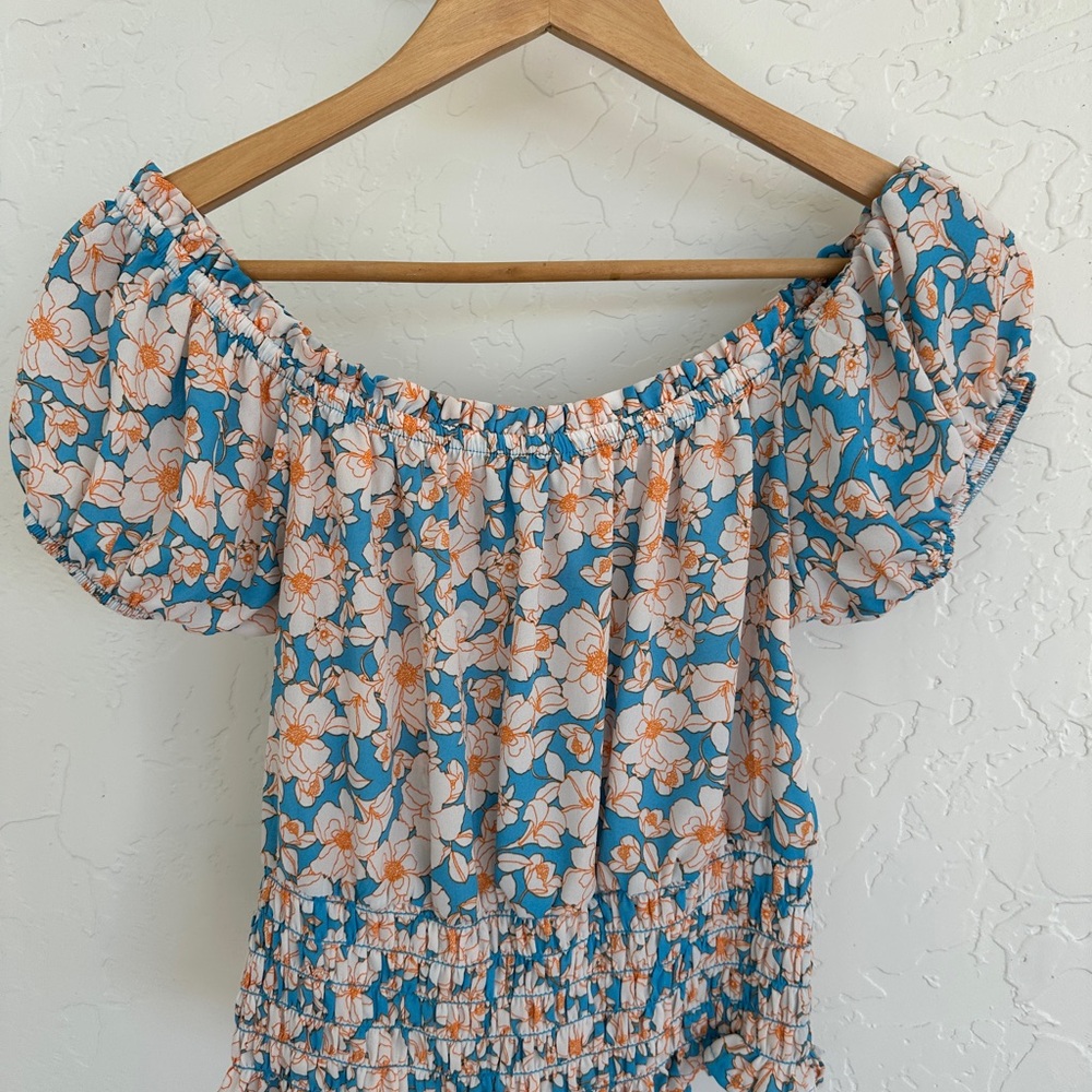 Light Blue and Orange Off Shoulder Spring Summer Top - Size M